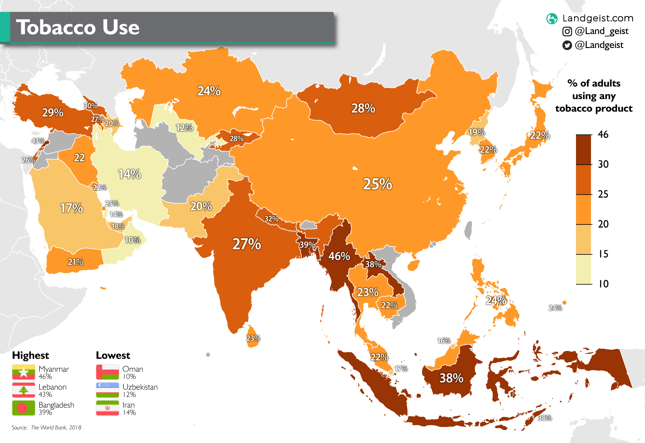 Map of the tobacco use in Asia per country.
