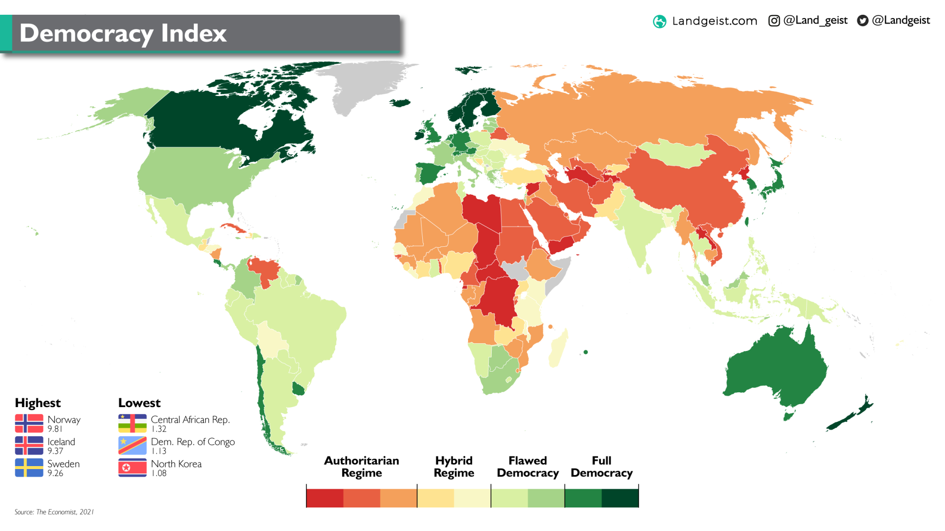 Map of the world, ranking countries by level of democracy