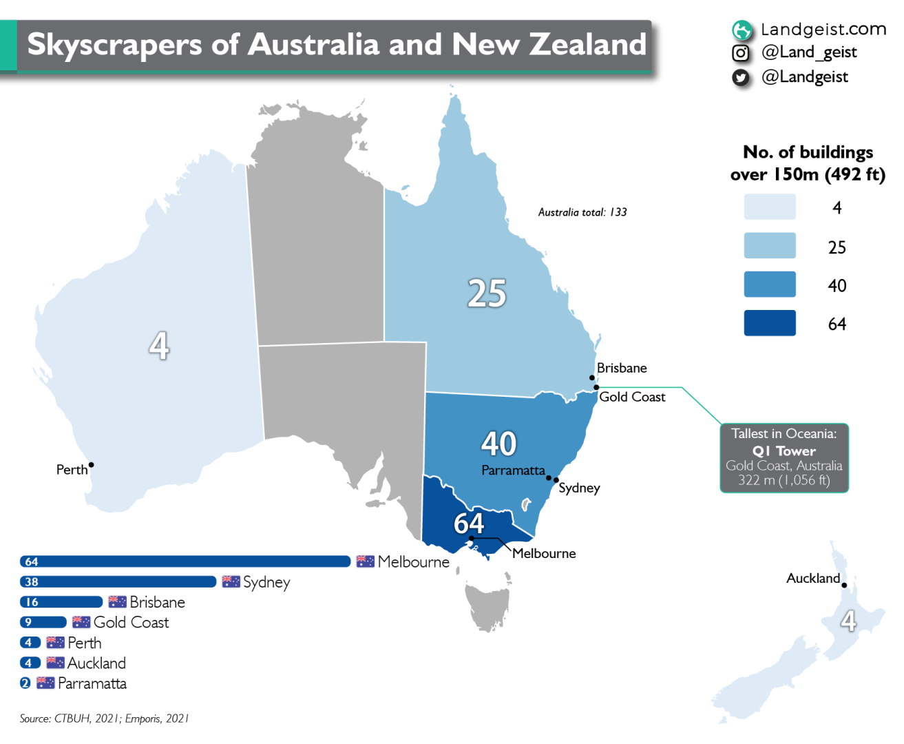 Map of the skyscrapers in Australia and New Zealand.