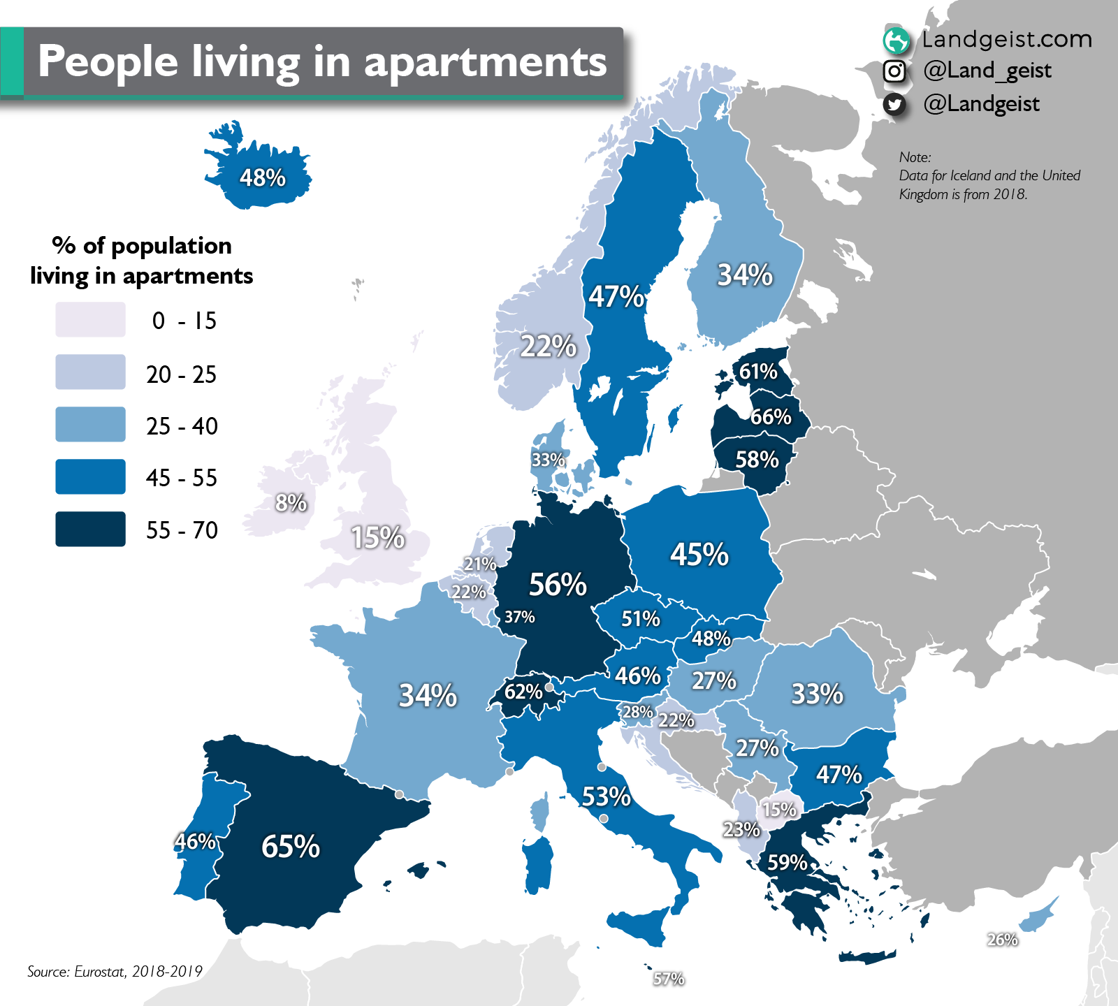 Map of Europe showing the percentage of its population living in apartments.