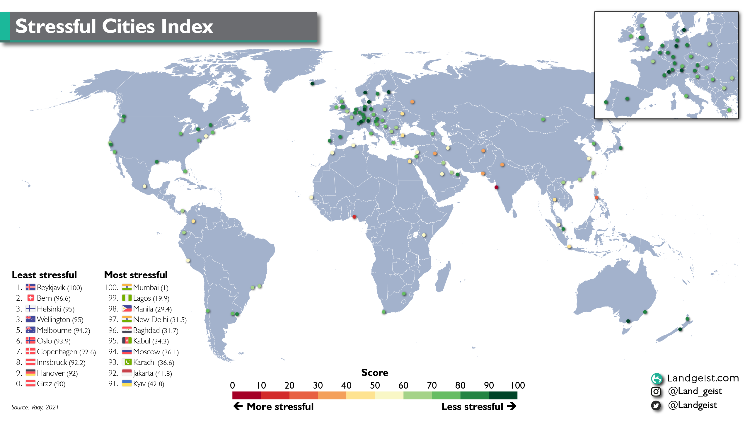 Map of the most stressful cities in the world