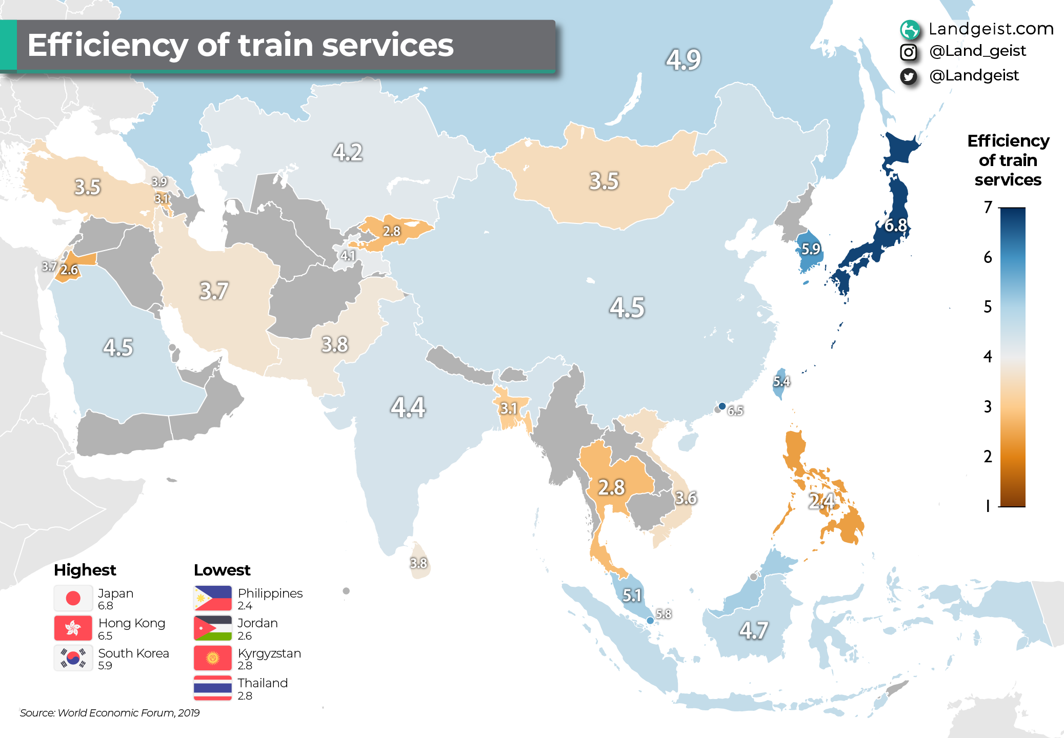 Map of the efficiency of train services in Asia.
