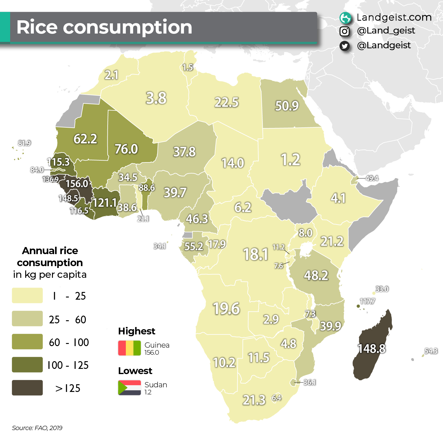 Map of the rice consumption in Africa.
